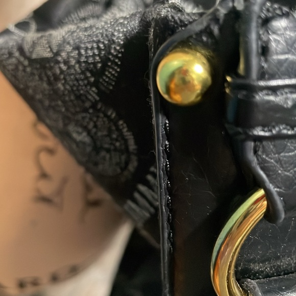 Fake designer black & gray logo w/gold metal accent studs, shoulder purse - Picture 3 of 15